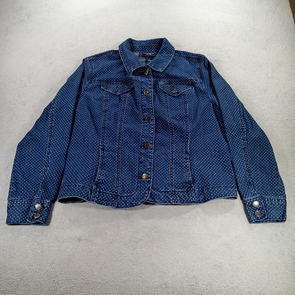 Charter Club Womens Jean Shop Polka Dot Denim Jacket Blue XL Stretch Trucker